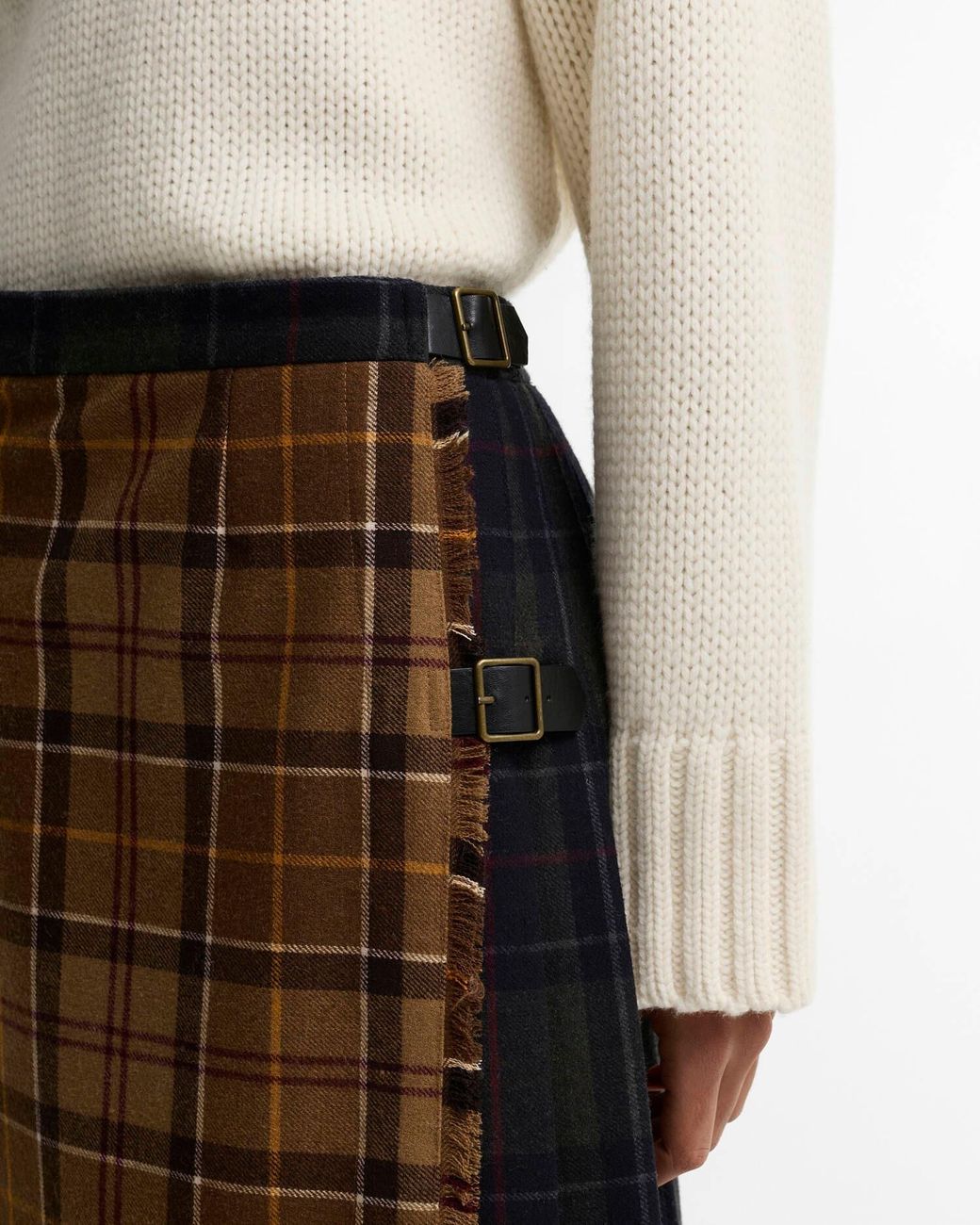 Barbour Brown Pleated Checked Flannel Midi Skirt