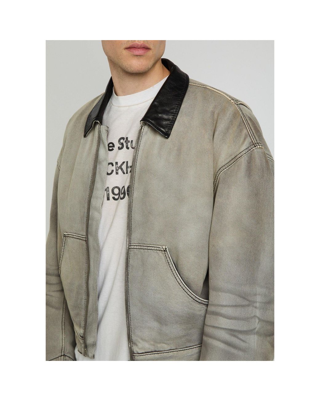 Acne Gray Distressed Leather Collar Jacket for men