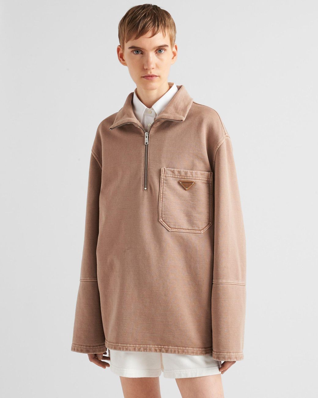Prada Brown Turtleneck Cotton Fleece Blouson Jacket