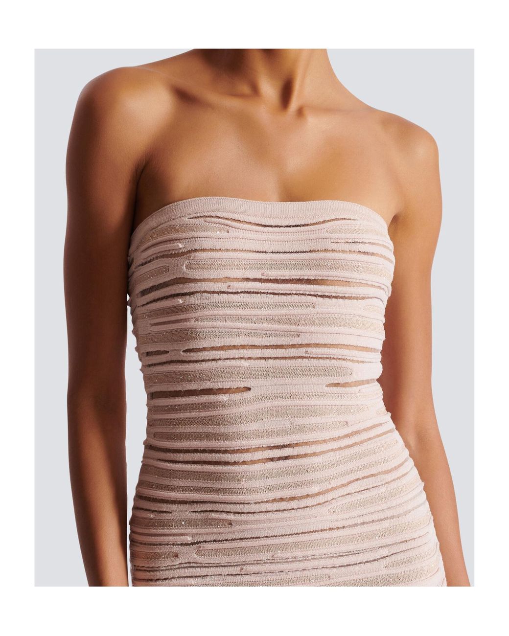 Balmain Pink Knitted Strapless Midi Dress