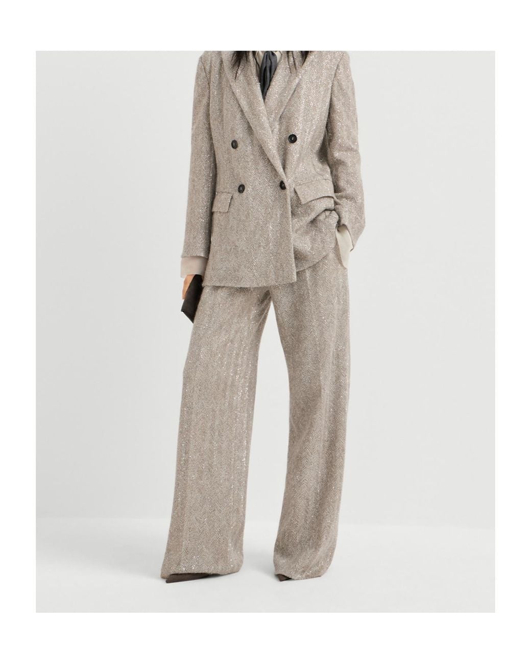 Brunello Cucinelli Gray Dazzling Chevron Embroidery Loose Pleated Trousers