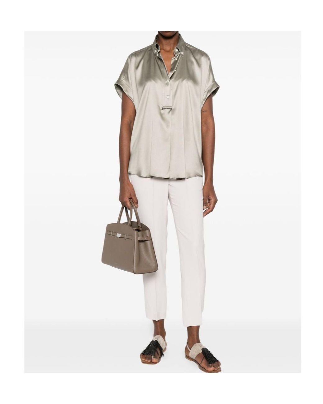 Brunello Cucinelli Gray Stretch Satin Monili Shirt