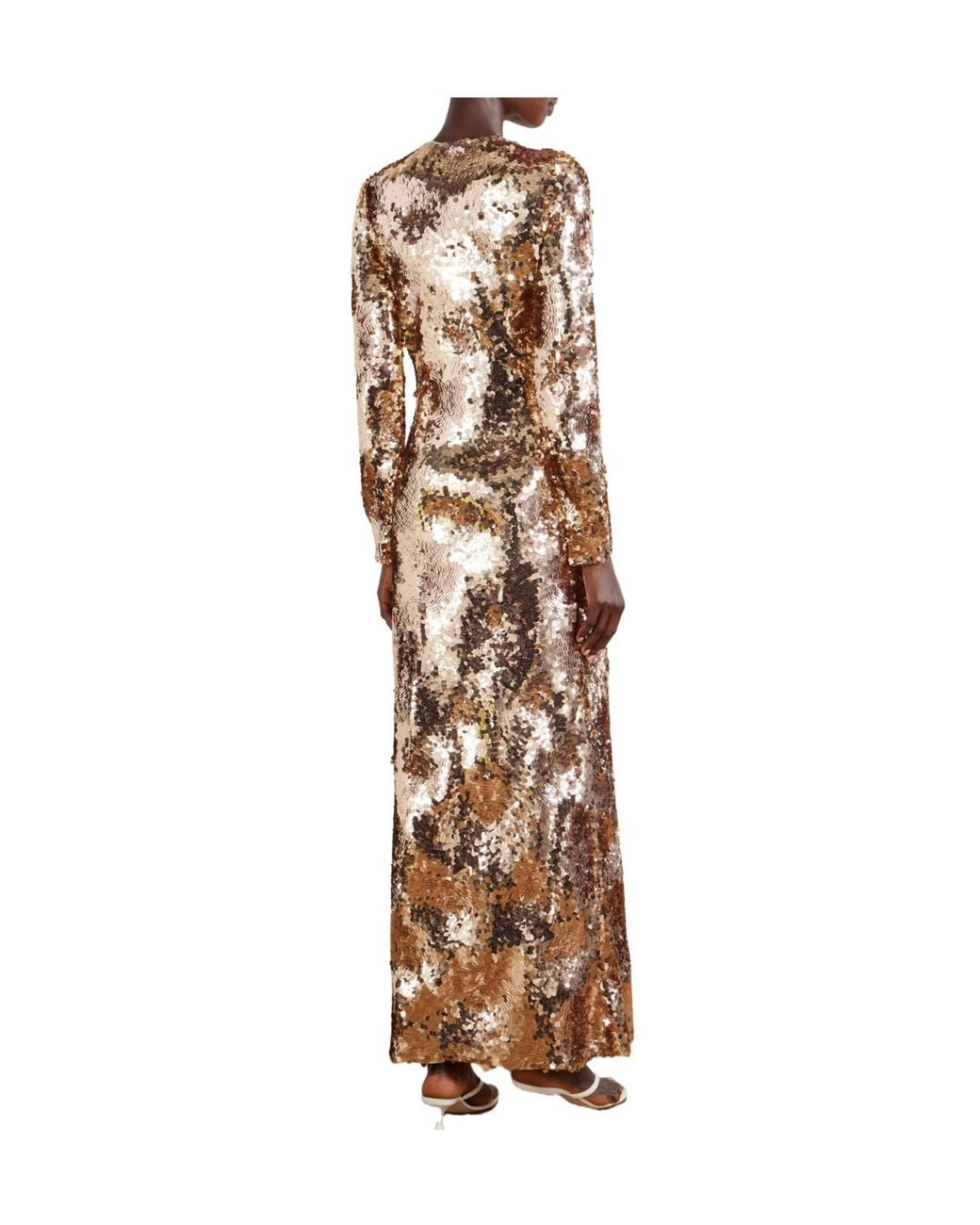 Rabanne Natural Sequin-Embellished Long-Sleeve Maxi Dress