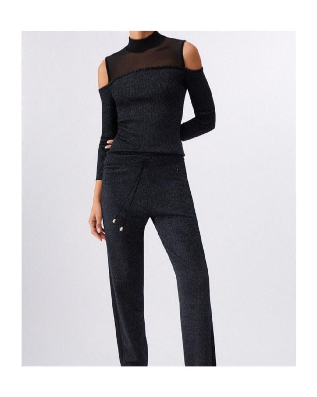 Liu Jo Black Mesh Insert Cold-Shoulder T-Shirt