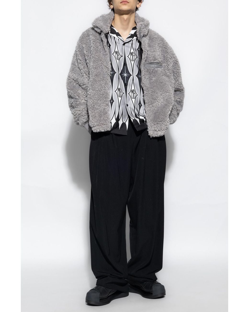 Amiri Gray Logo-Print Faux-Fur Jacket for men