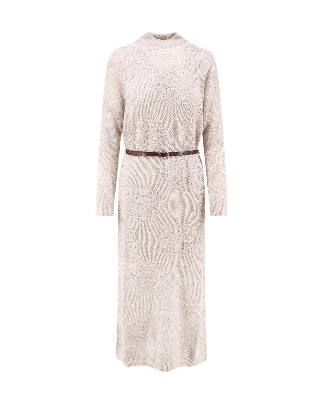 Brunello Cucinelli White Belted Ribbed Knitted Dress