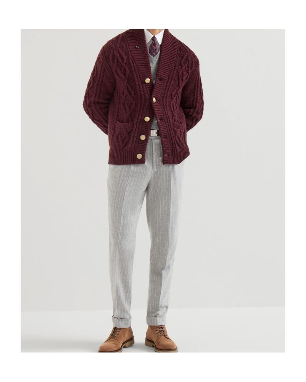 Brunello Cucinelli Gray Virgin Wool And Cashmere Chalk Stripe Flannel Trousers With Pleat for men