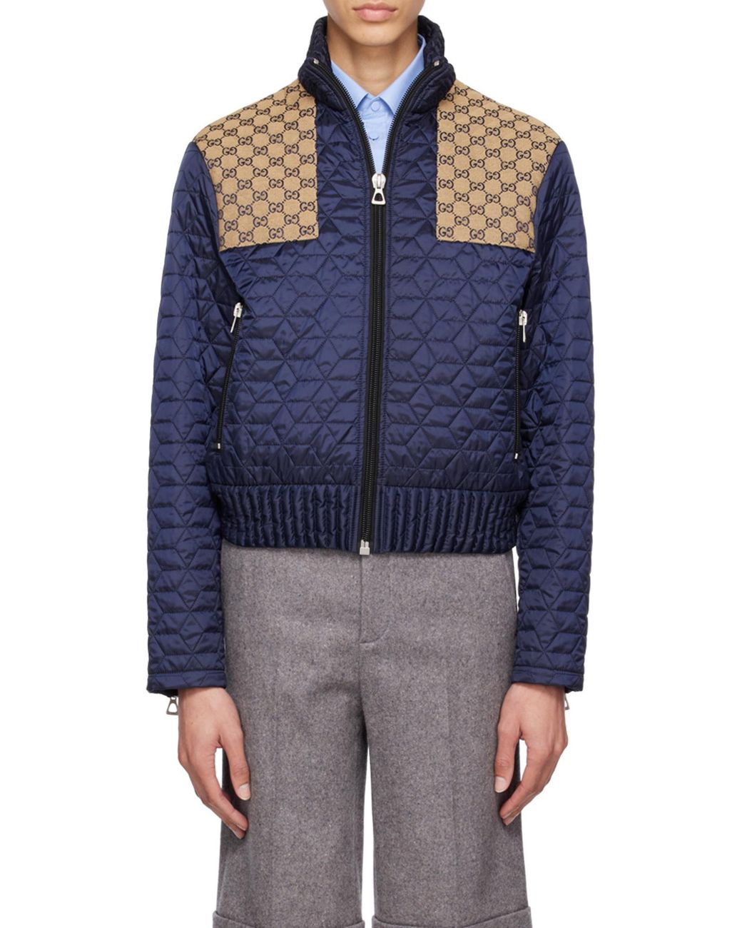Gucci Blue Quilted Gg-Detail Jacket for men