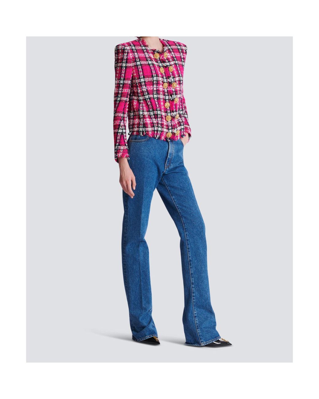 Balmain Pink Glitter Plaid Tweed Cropped Jacket