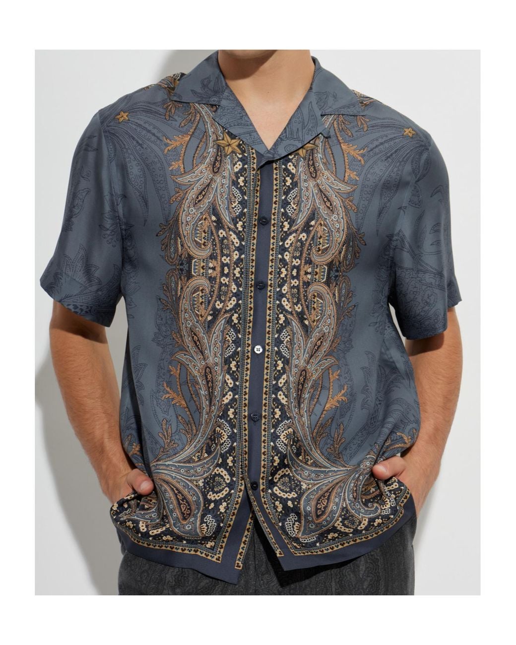Etro Blue Pegasus Paisley Short Sleeve Shirt for men
