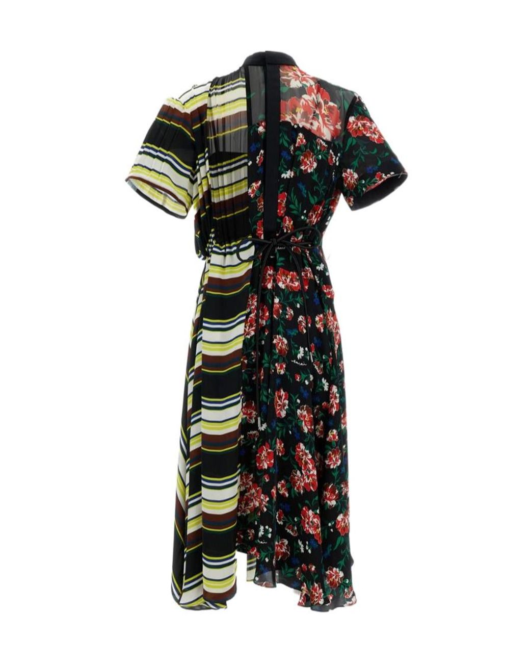 Sacai Green Floral Printed Stripe Detailed Midi Dress