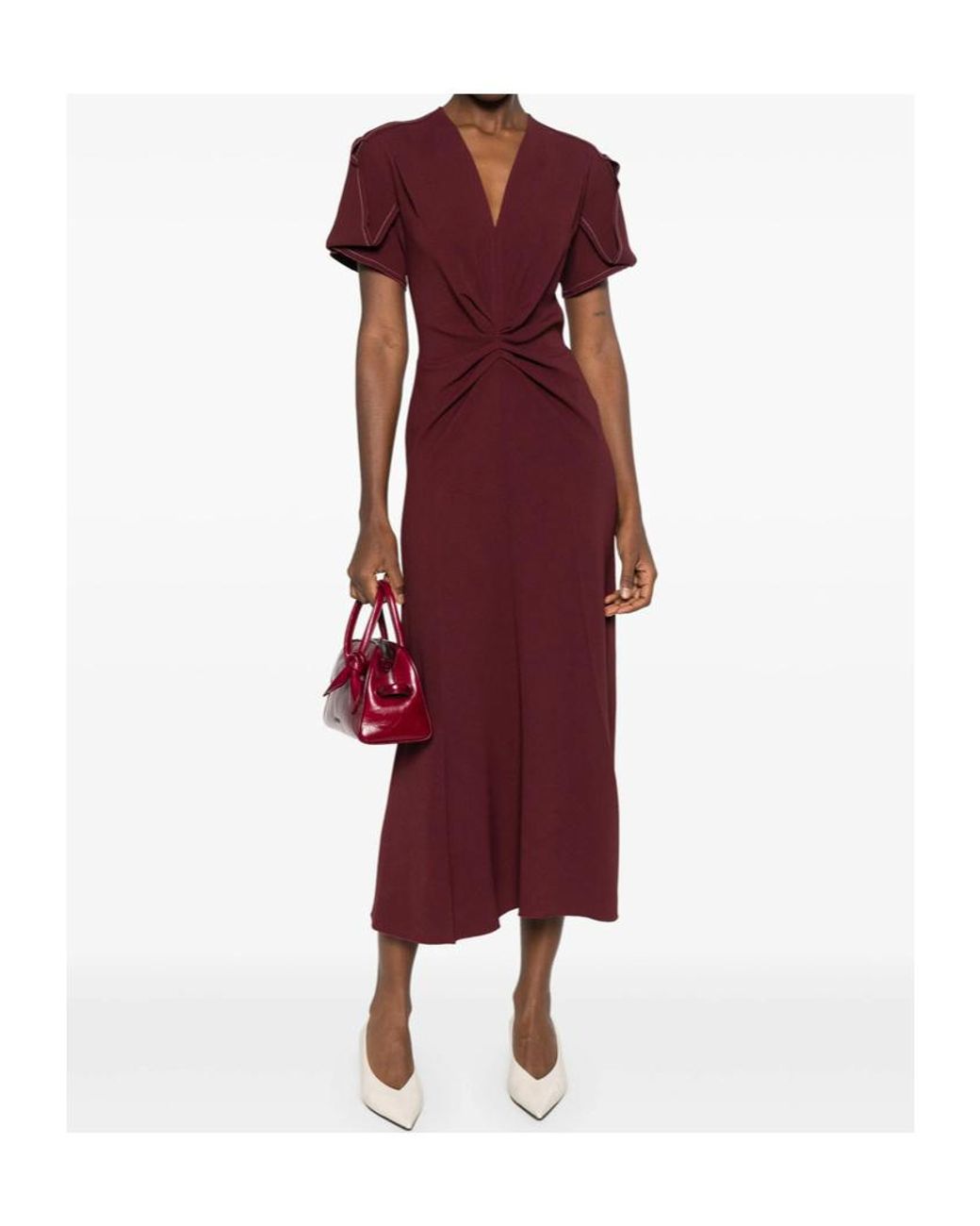 Victoria Beckham Red V-Neck Twist Detailed Midi Dress