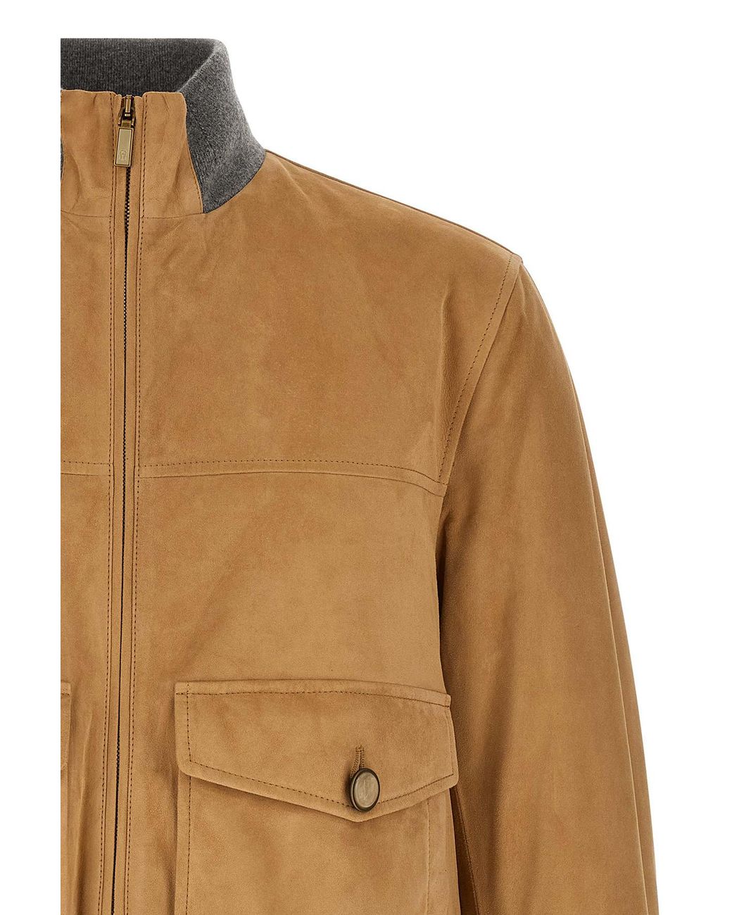 Brunello Cucinelli Natural Ribbed Hem Suede Jacket for men
