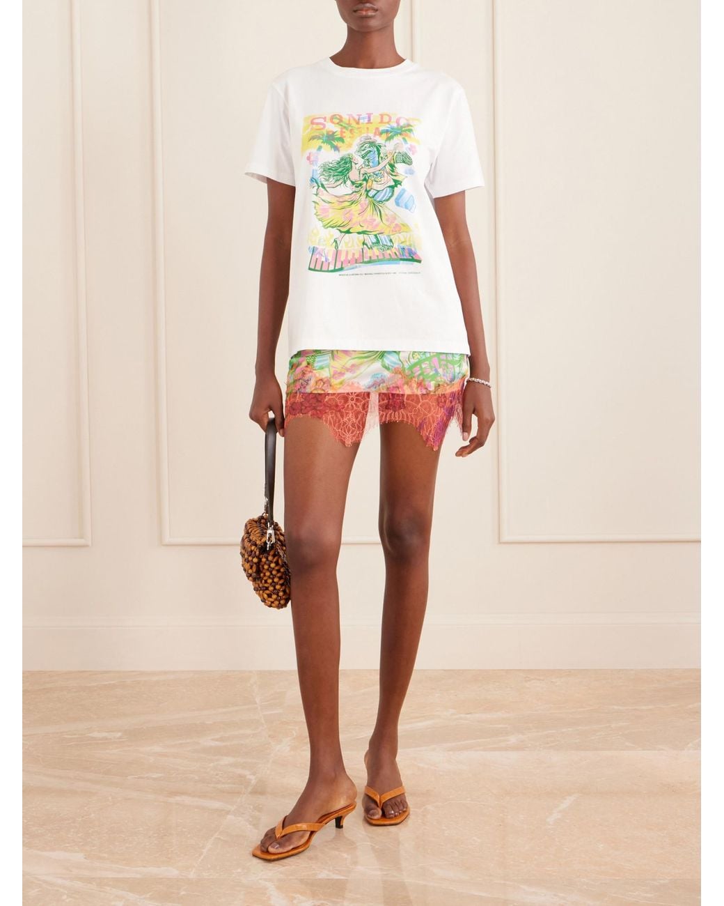 Donde Esteban Green Lace-Trimmed Printed Satin Mini Skirt