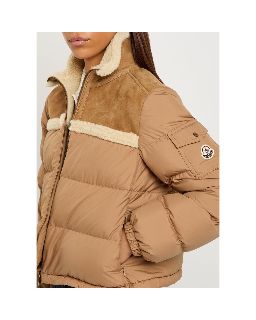 Moncler Natural Stand-Collar Patchwork Short Down Jacket