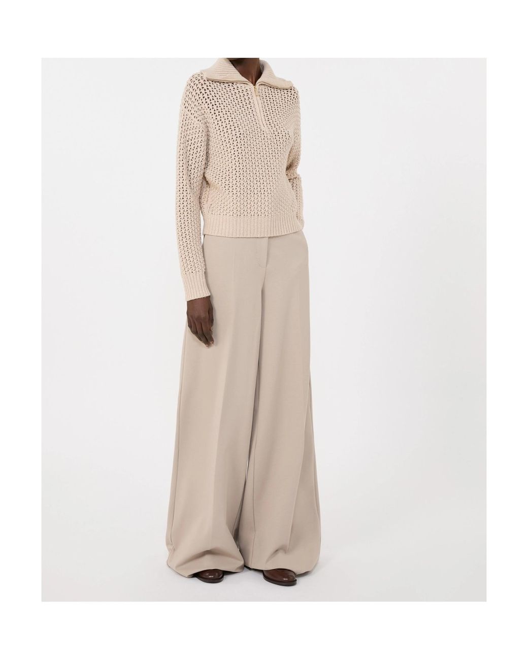 Max Mara Natural Tequila Open-Knit Zip Detailed Jumper