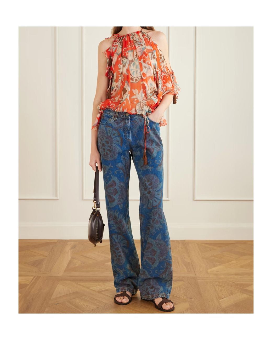 Etro Red Off-The-Shoulder Asymmetrical Tassel Ruffle Print Shirt