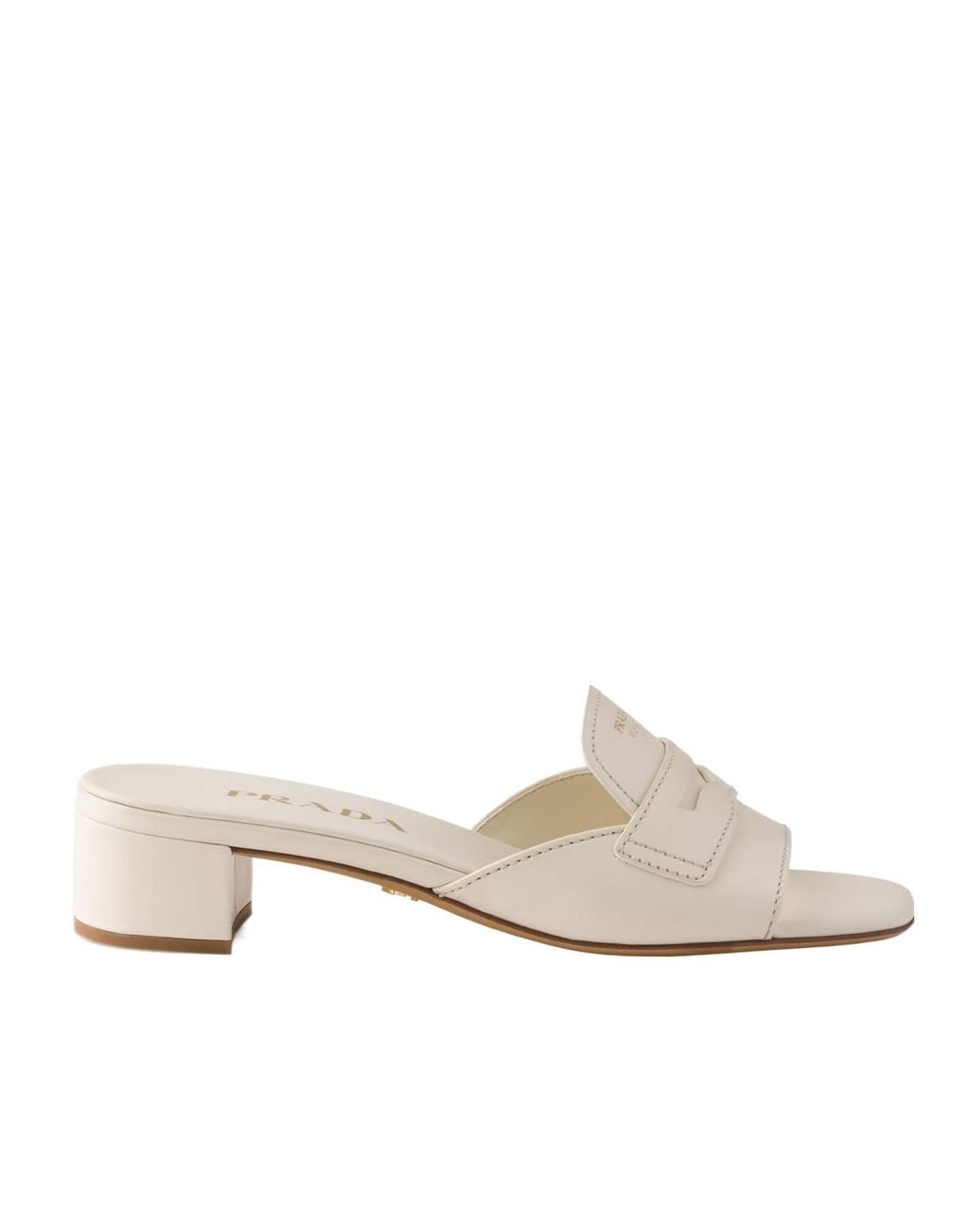 Prada White Penny Strap Block Heel Mules