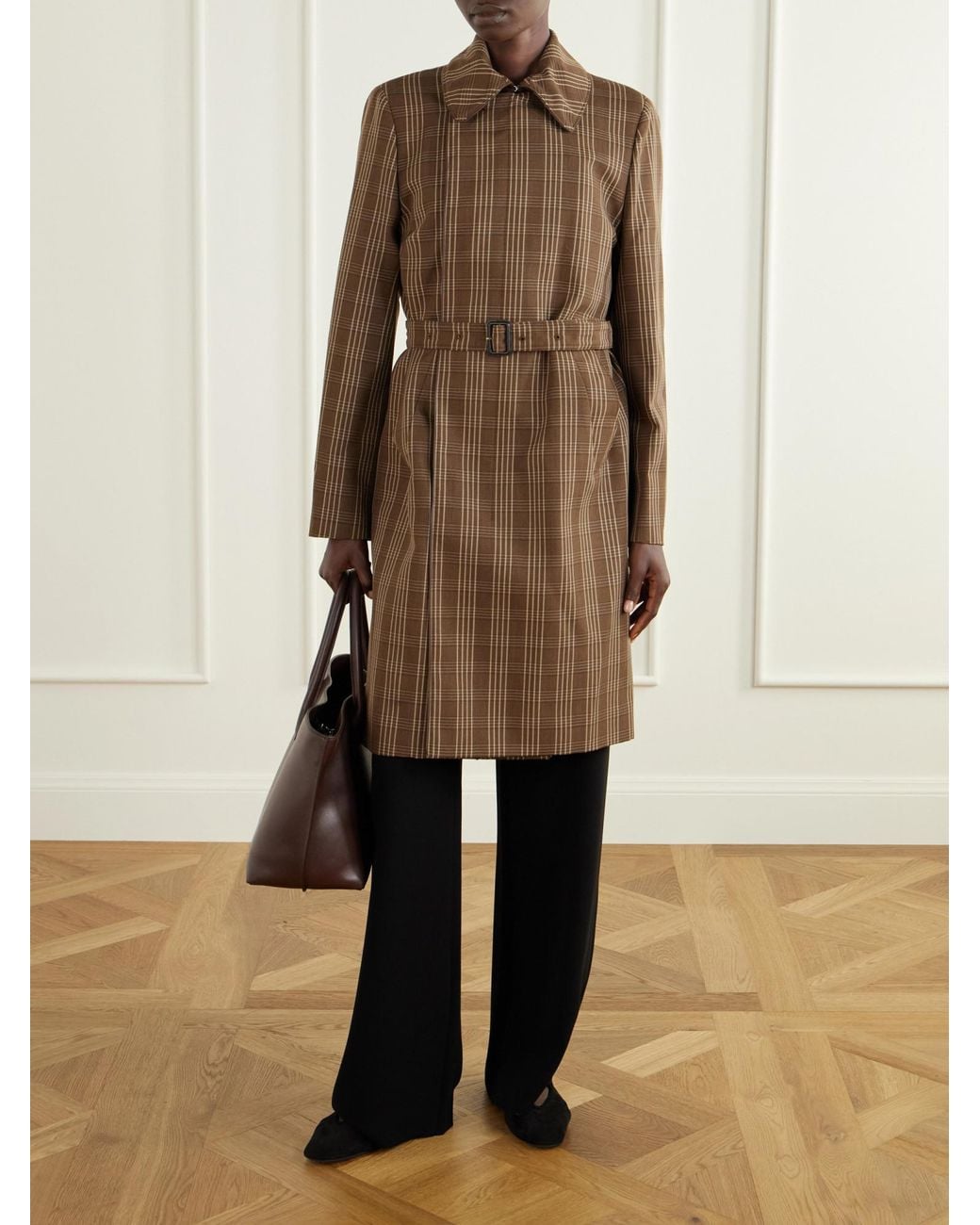 Wales Bonner Brown Linear Belted Checked Wool-Canvas Coat