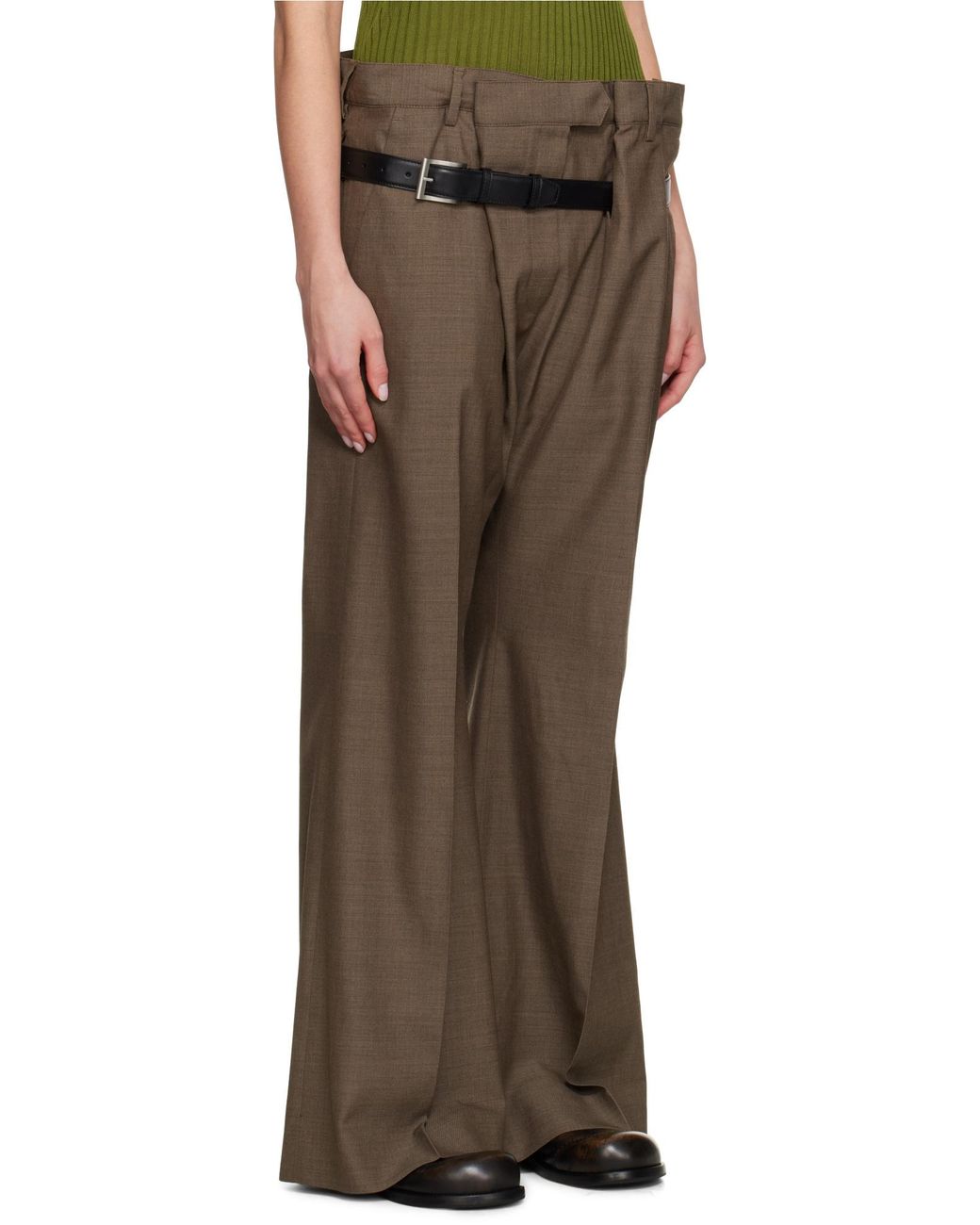 Acne Brown Belted Wool Wide-Leg Pants
