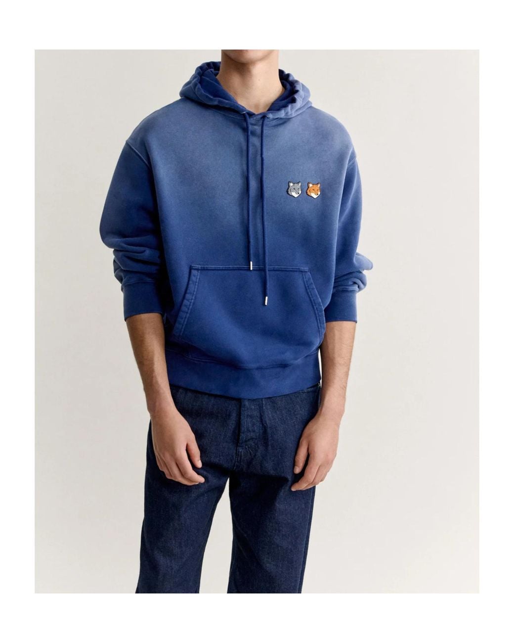 Maison Kitsuné Blue Faded-Effect Double Fox Head Comfortable Hoodie for men