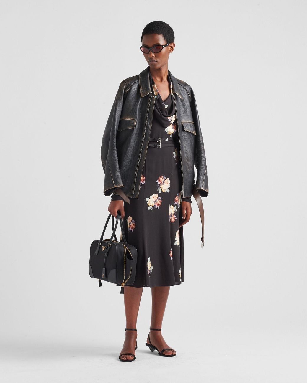 Prada Black Camelia Print Midi Dress