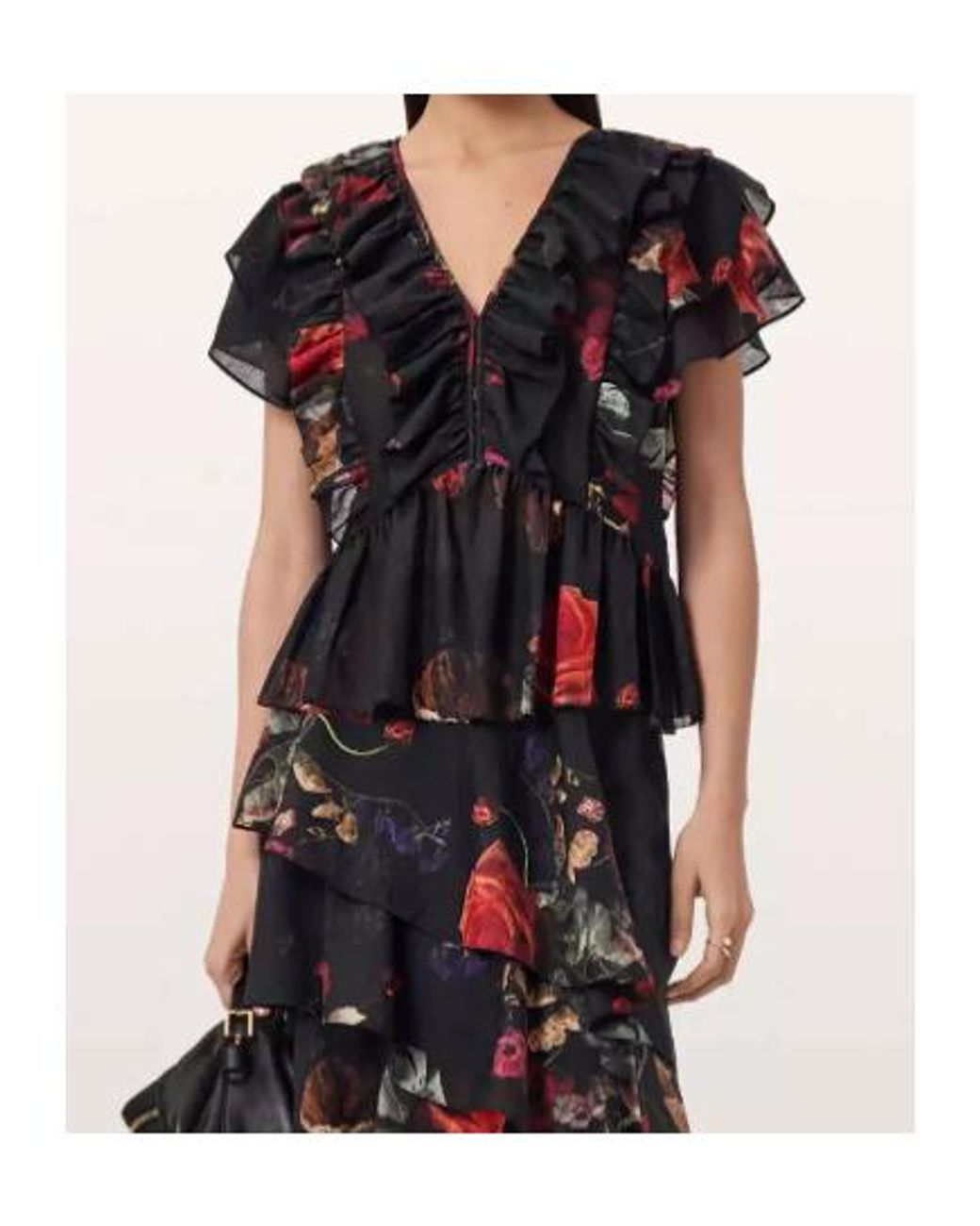 AllSaints Black Alma Ruffled Floral Top