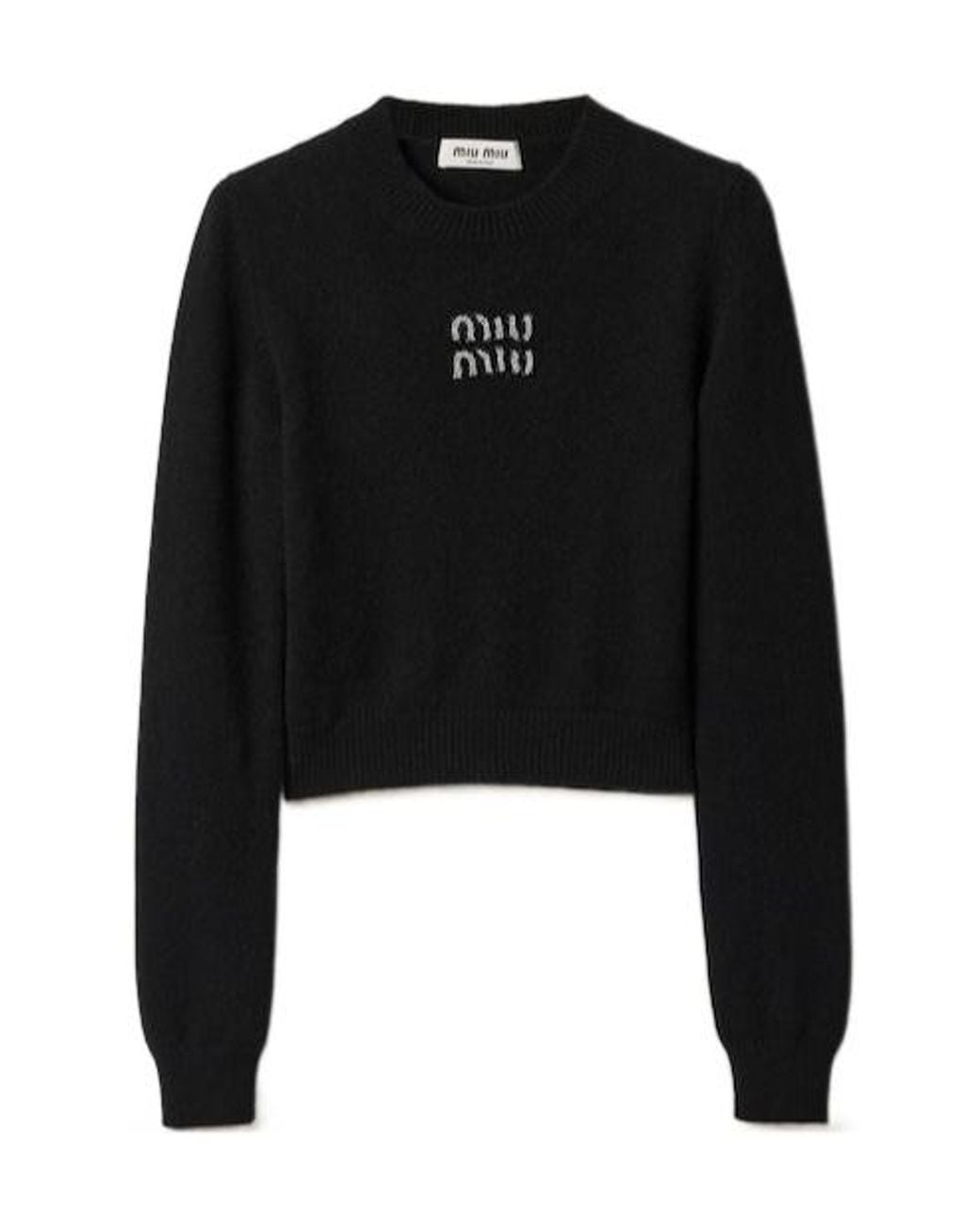 Miu Miu Logo Embellished Cropped Knitted Jumper in Black | Lyst
