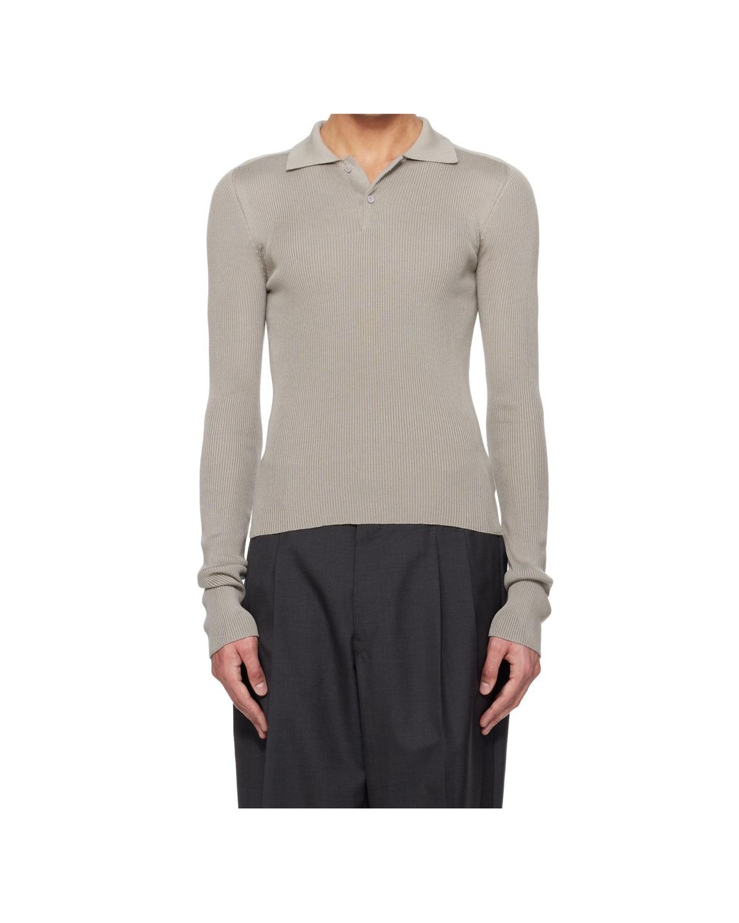 Rier Gray Long-Sleeved Collared Knit Polo Shirt for men
