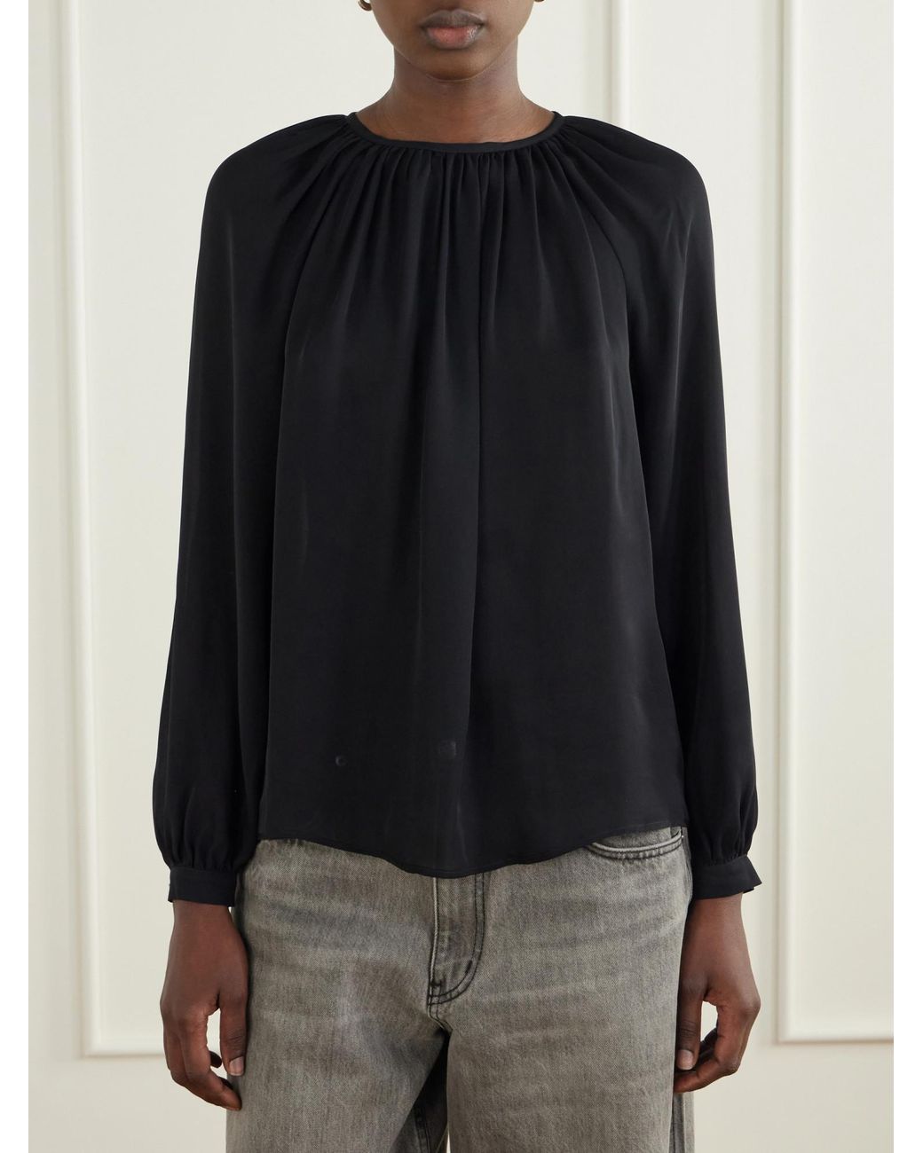 Nili Lotan Black Gathered Silk-Chiffon Blouse