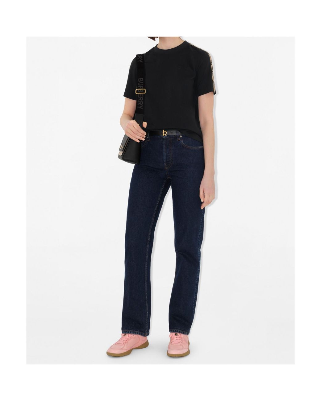 Burberry Black Logo Embroidered Check-Trim T-Shirt