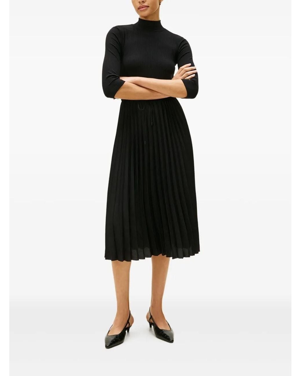 Tommy Hilfiger Black Ribbed Pleated Midi Dress