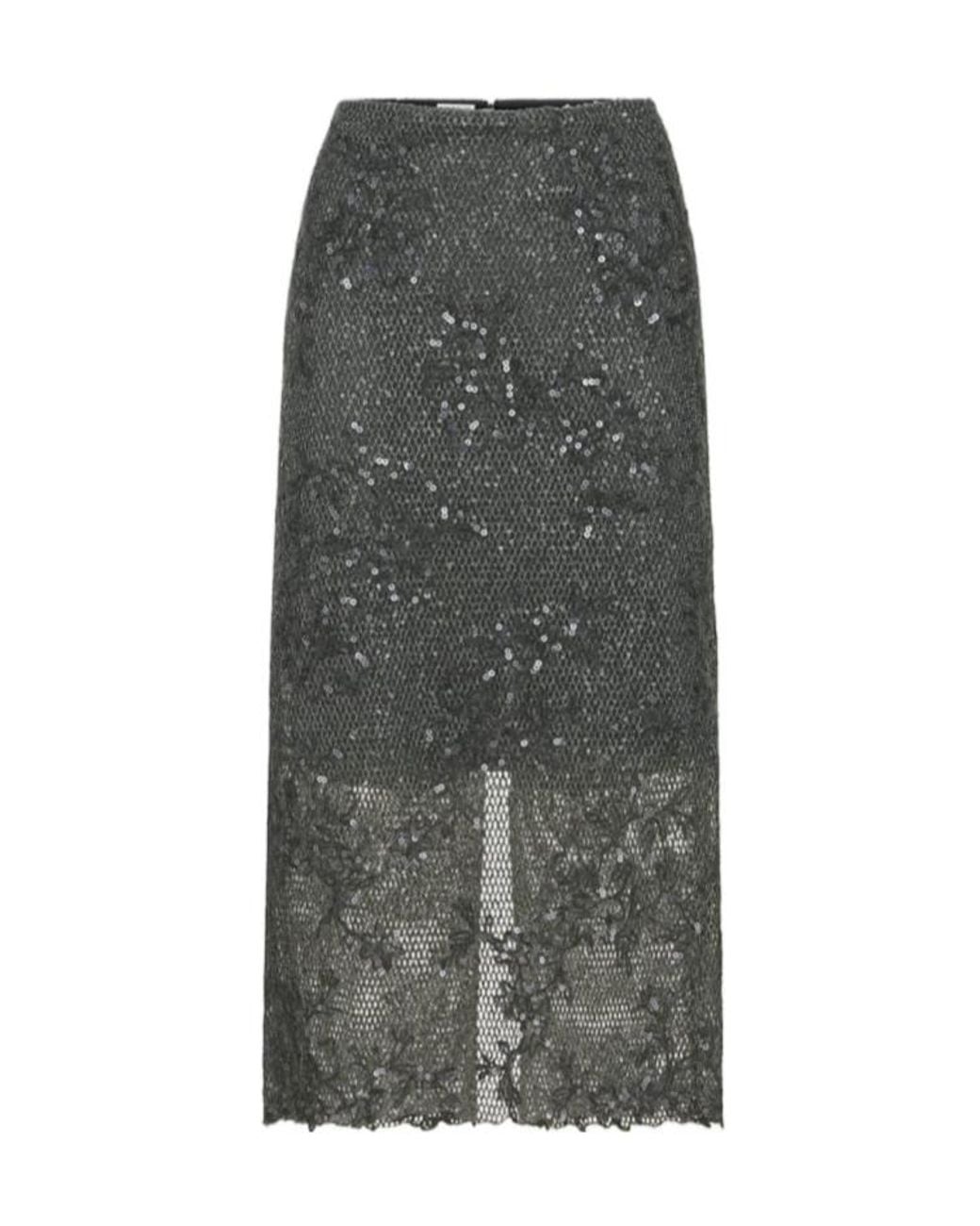 Brunello Cucinelli Gray Dazzling Lace Embroidery Pencil Skirt