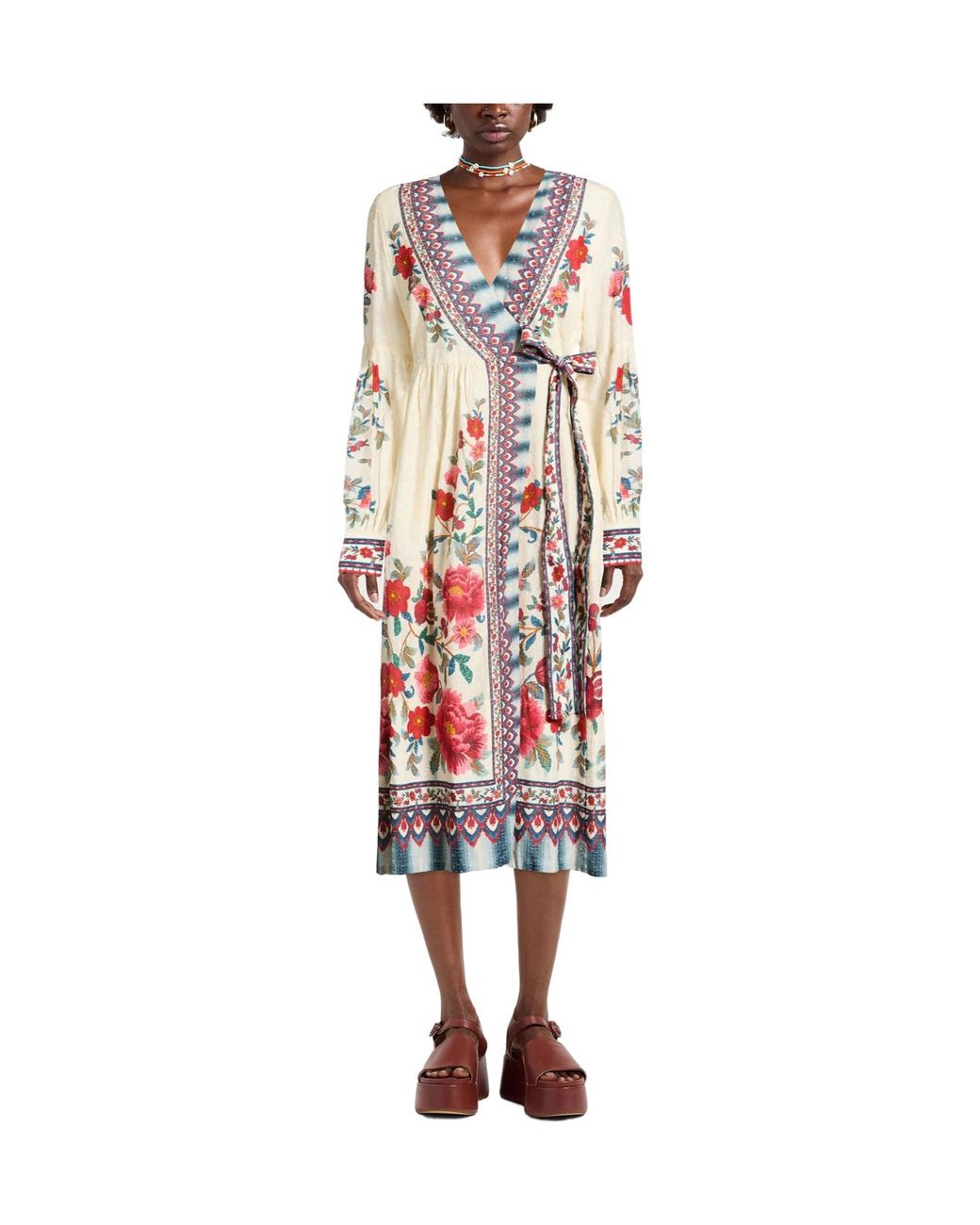 Farm Rio White Floral Long-Sleeve Wrap Dress