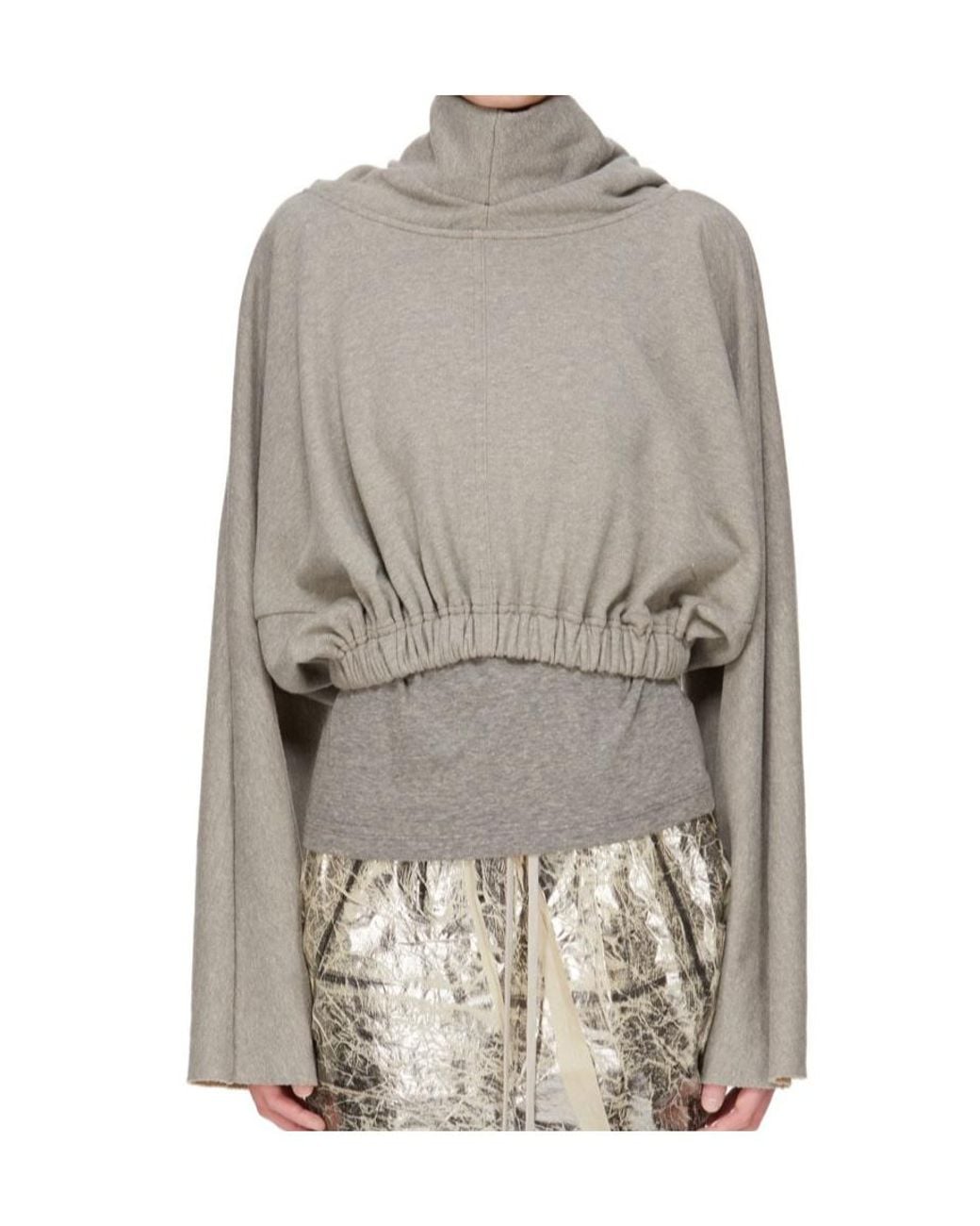 Rick Owens Gray Drawstring Cropped Hoodie