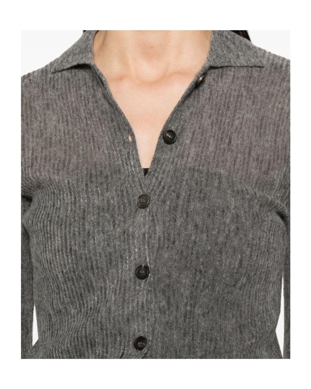 Brunello Cucinelli Gray Ribbed-Knit Button-Up Cardigan