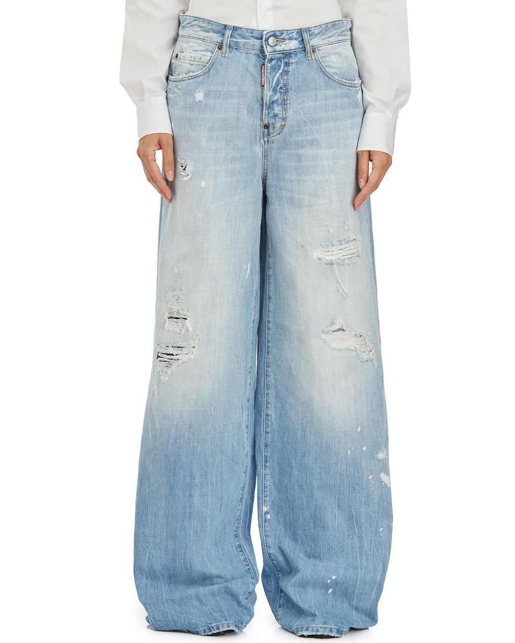DSquared² Blue Logo-Patch Distressed Wide-Leg Jeans