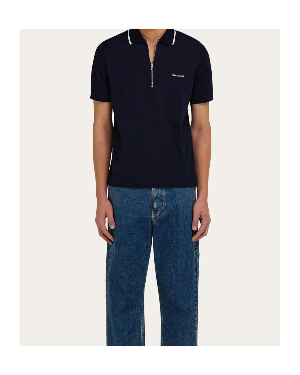Ferragamo Blue Cotton Polo Shirt With Zip Closure for men