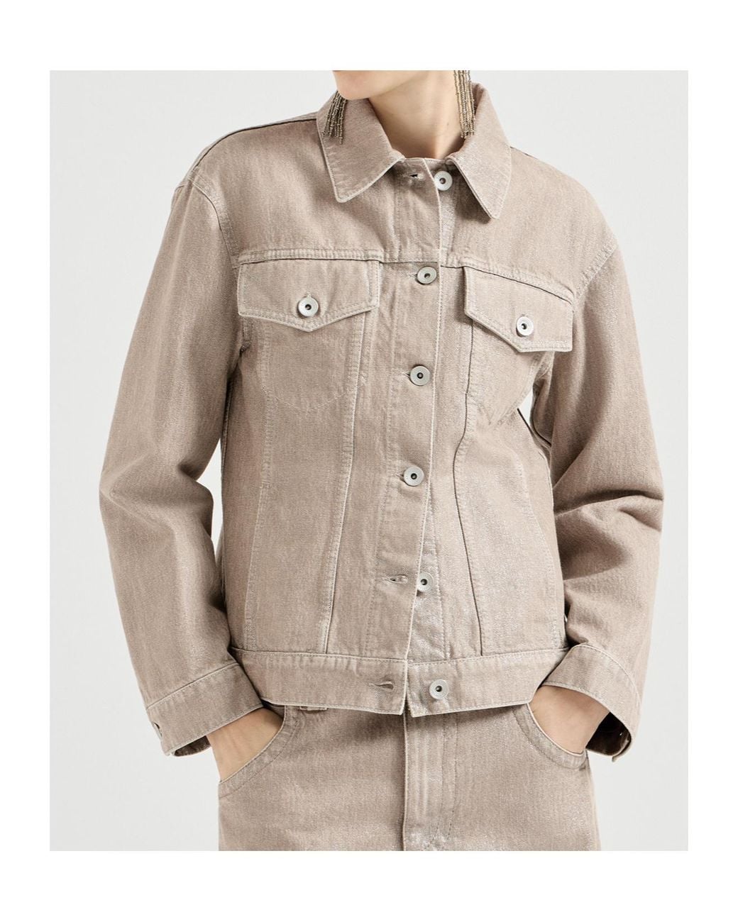 Brunello Cucinelli Natural Lamé Denim Four-Pocket Outerwear Jacket With Monili