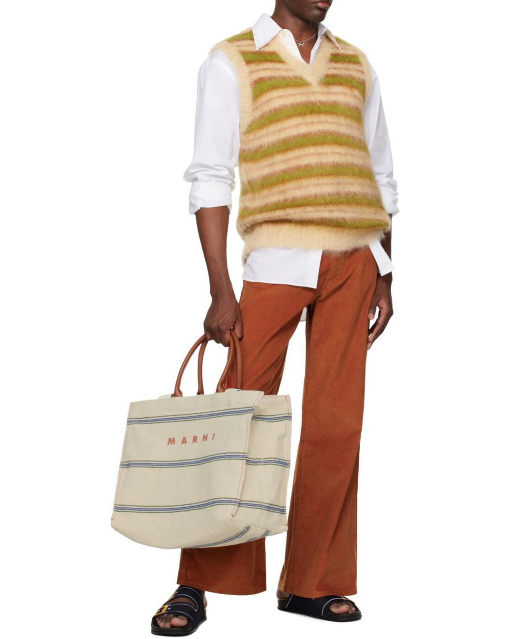 Marni Natural Logo Embroidered Striped Large Tote Bag for men