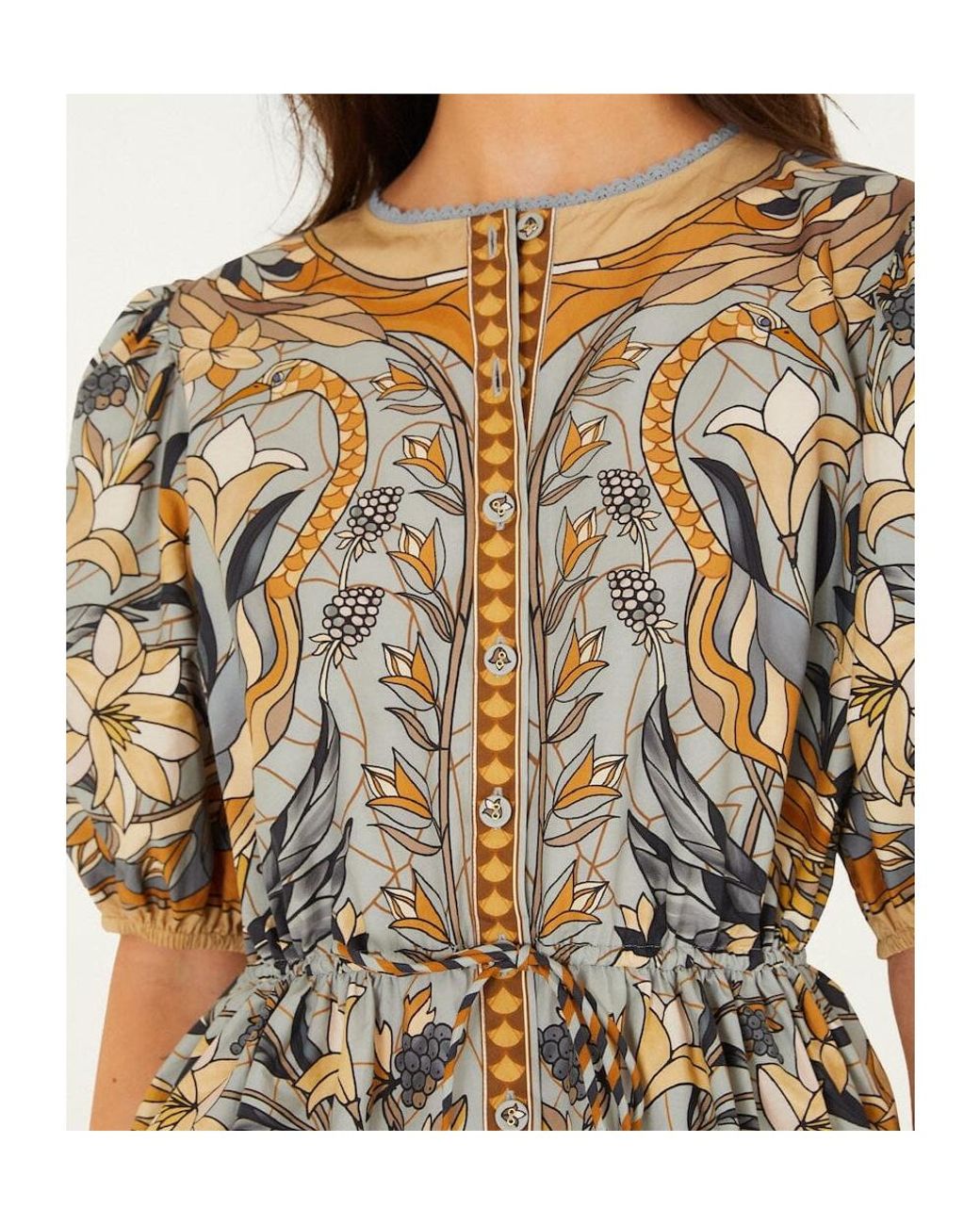 Farm Rio Multicolor Stained Glass Floral-Print Puff-Sleeve Blouse