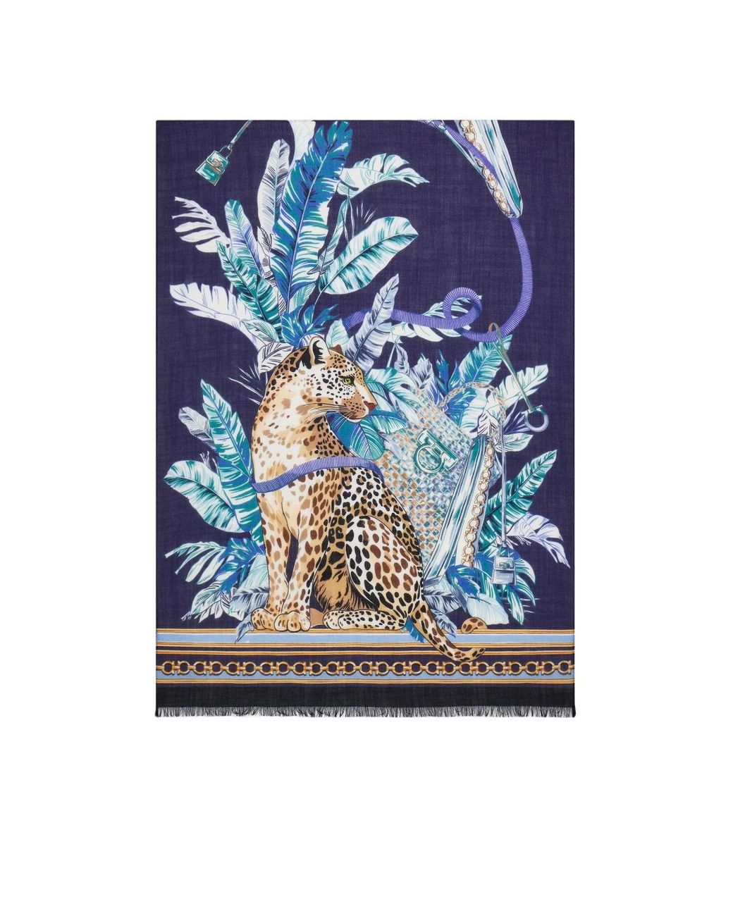 Ferragamo Blue Feline Print Pure Wool Stole