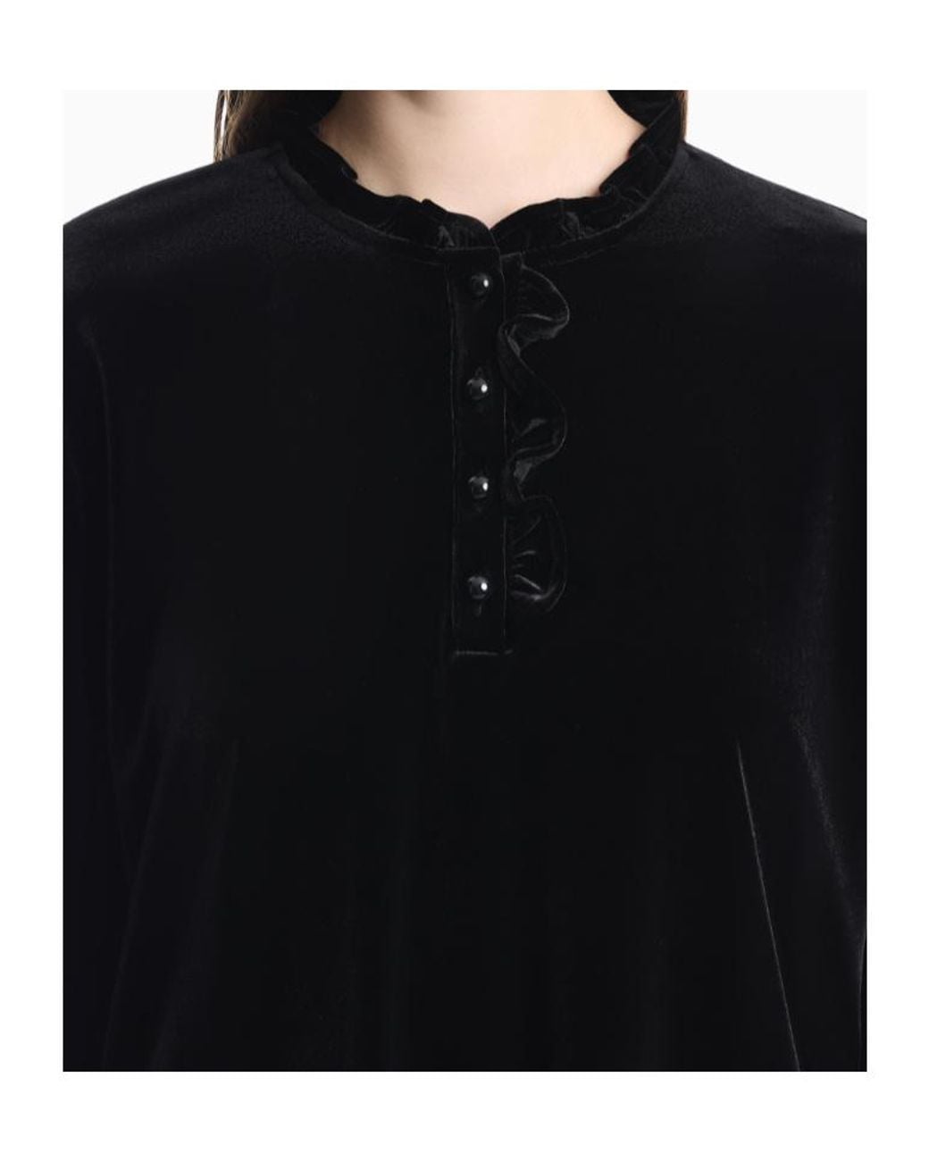 Emporio Armani Blue Chenille Jumper With Ruffled Neckline And Button Placket