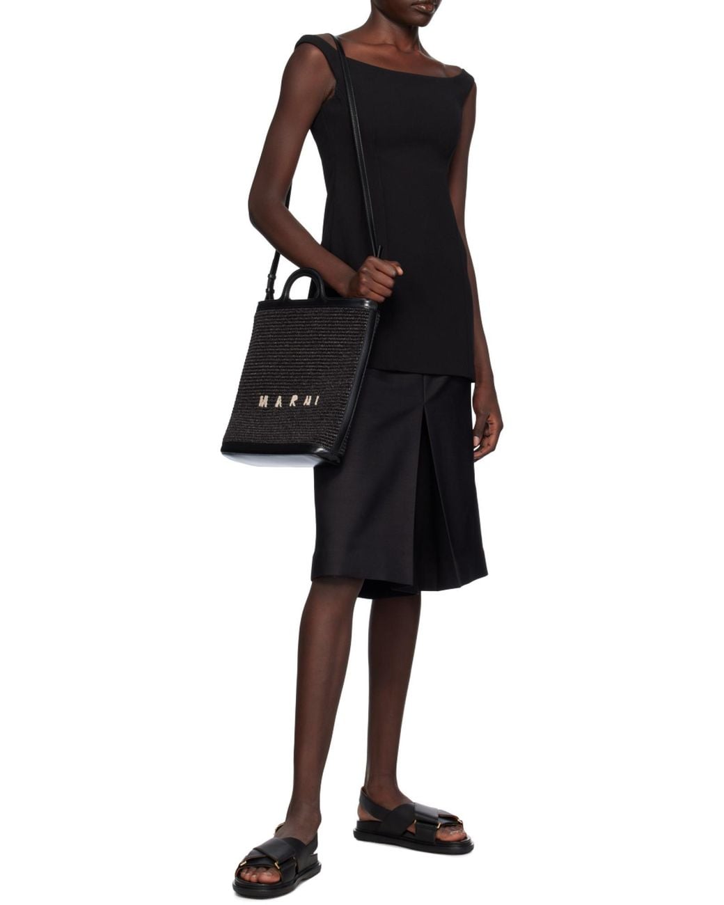 Marni Black Tropicalia Logo Embroidered Raffia Tote Bag