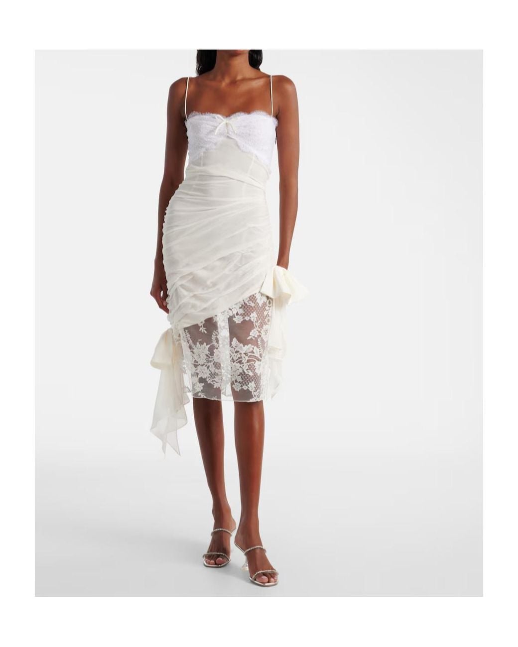 Alessandra Rich White Lace-Trimmed Silk Georgette Midi Dress