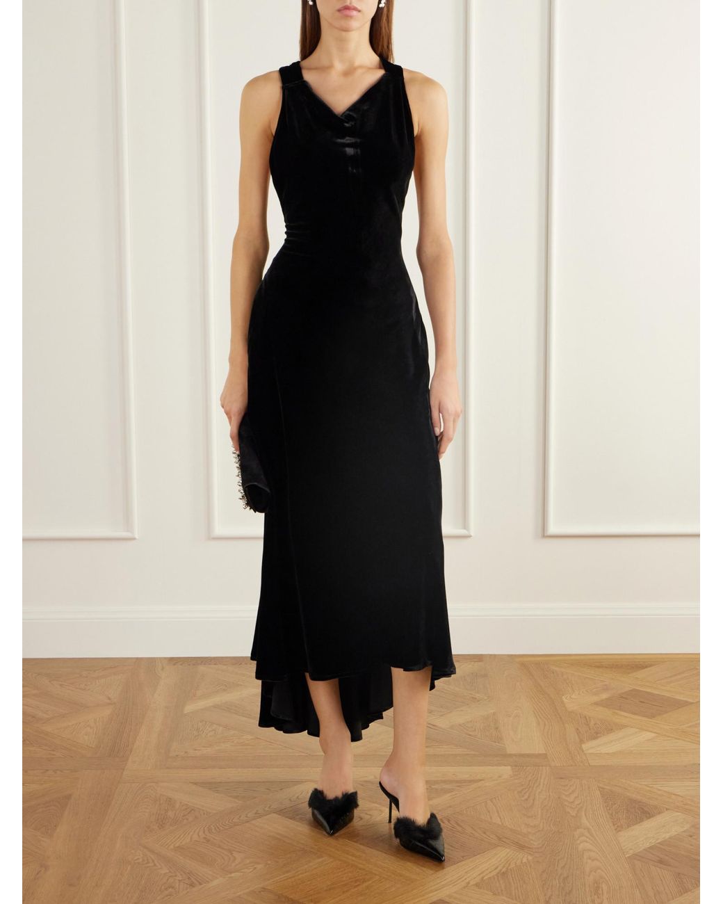 Paris Texas Black Plush-Trimmed Croc-Effect Leather Pumps