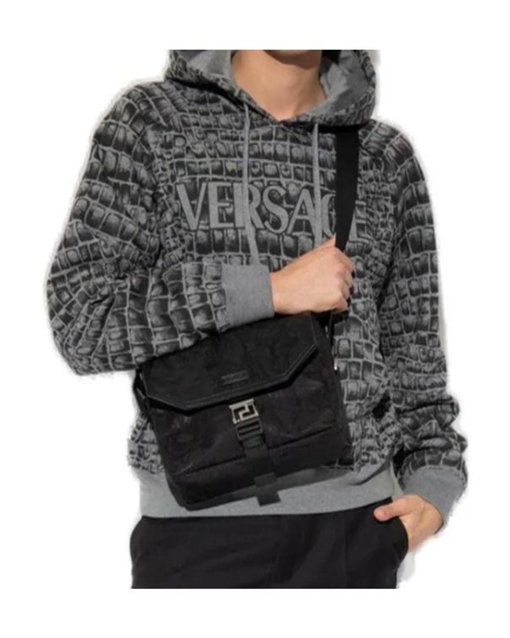 Versace Gray Logo-Printed Drawstring Hoodie for men