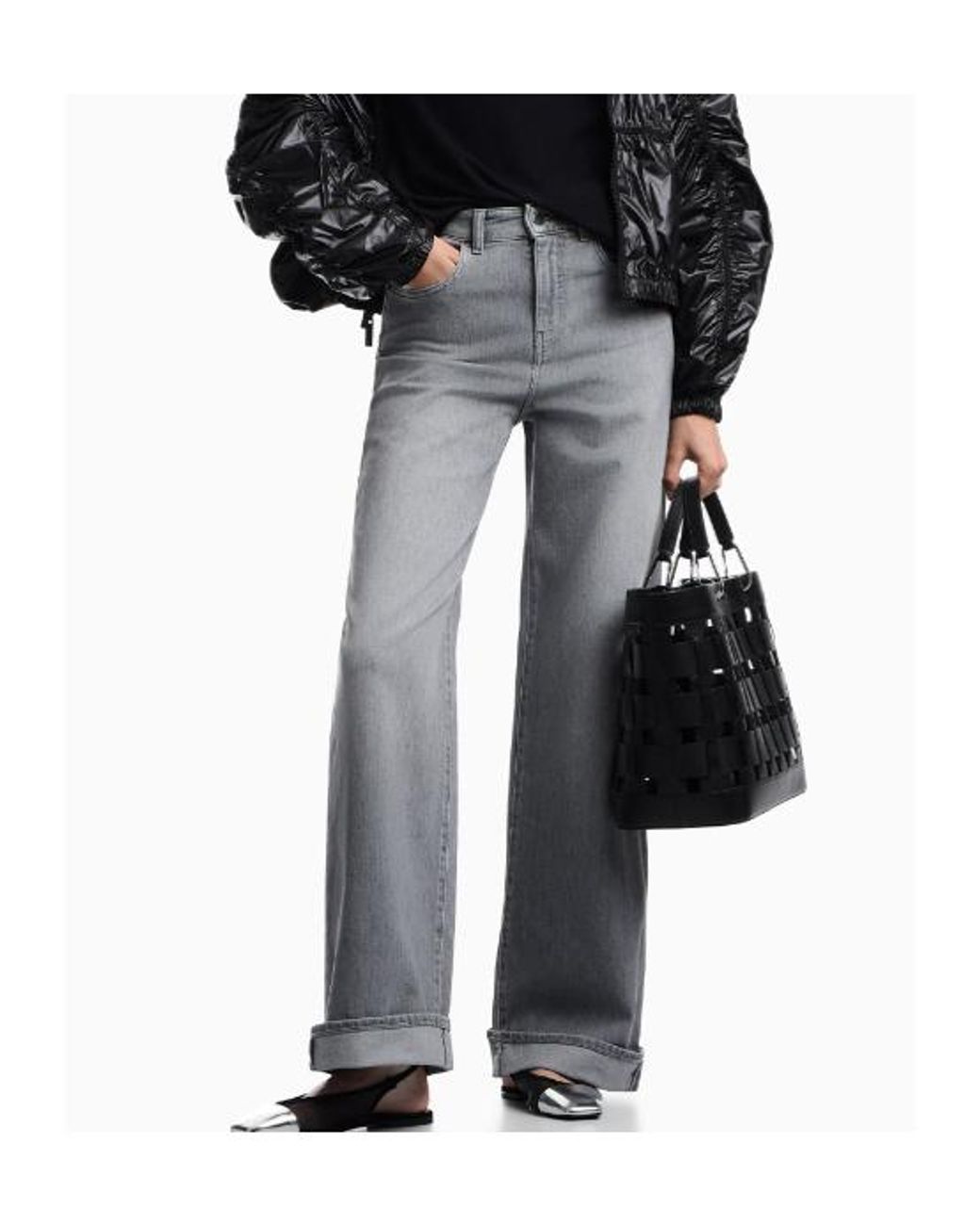 Emporio Armani Gray Logo-Plaque Turn-Up Jeans