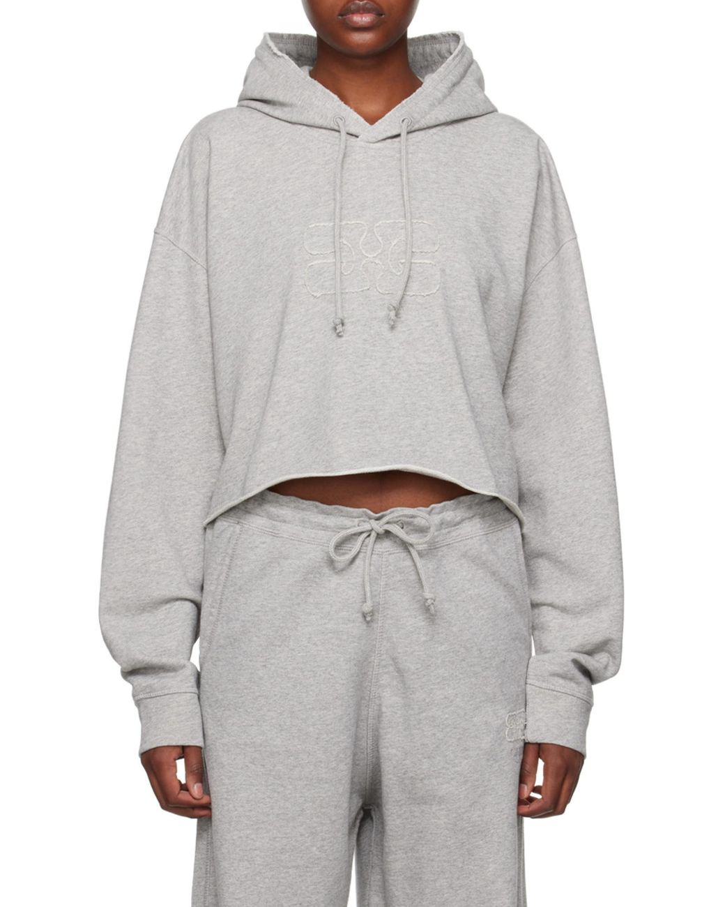 Ganni White Logo Embroidered Drawstring Cropped Hoodie