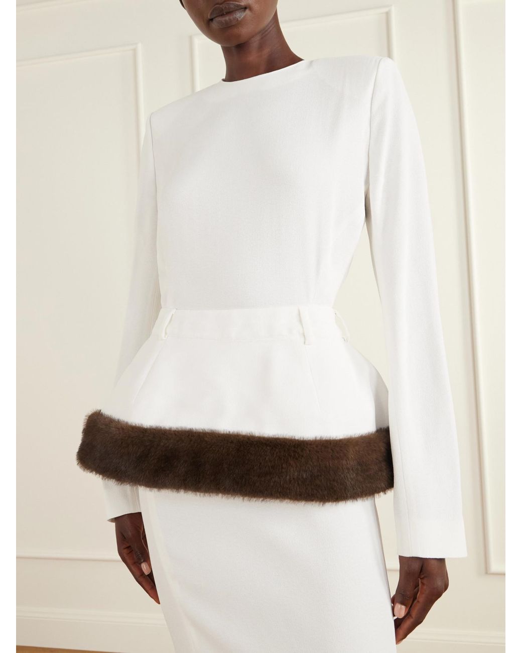 Stella McCartney White Faux-Fur Trim Peplum Midi Dress